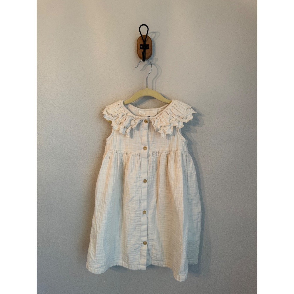 H&M Cotton Gauze Dress Kids 5T White Excellent Ruffle Collar Button Front
